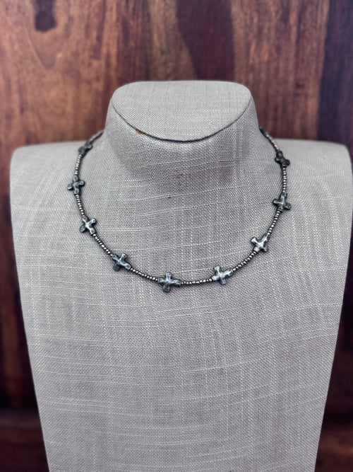 Handmade Silver Plated Cross & Silver Glass Seed 3mm Beaded Necklace 15"-18"