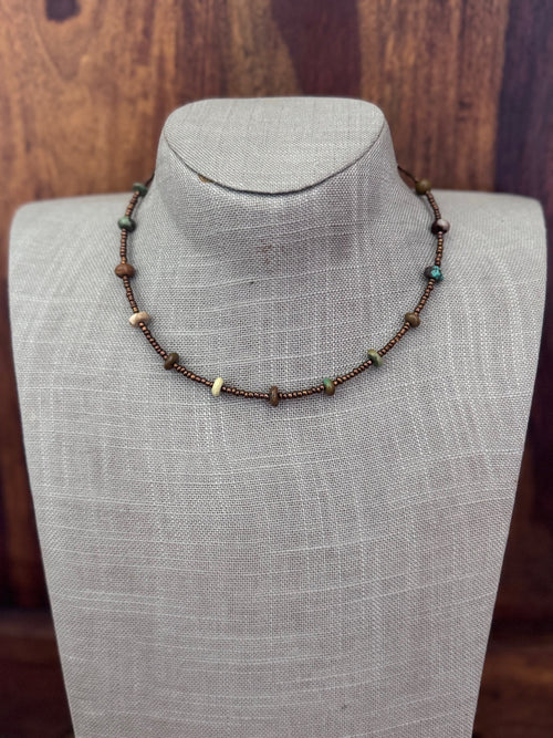 Handmade Green Turquoise & Copper Glass Seed 3mm Beaded Necklace 14"