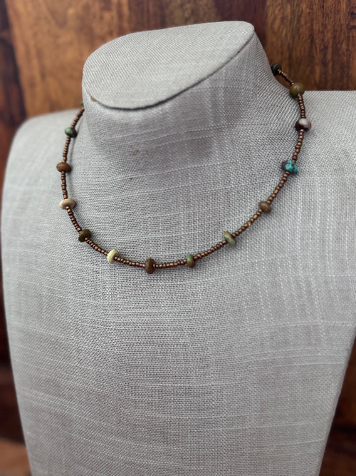 Handmade Green Turquoise & Copper Glass Seed 3mm Beaded Necklace 14"