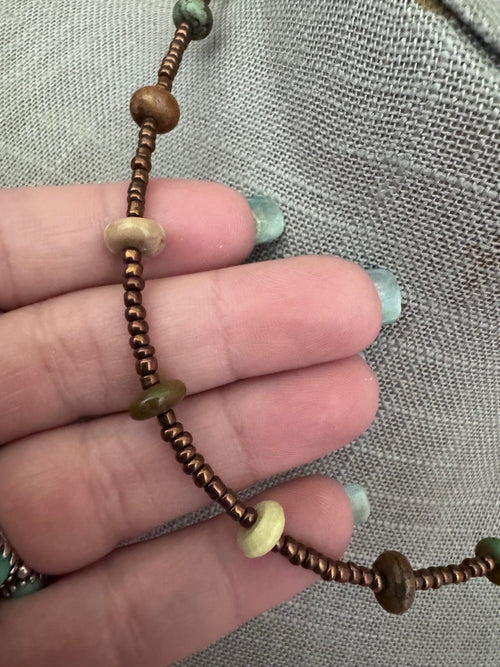 Handmade Green Turquoise & Copper Glass Seed 3mm Beaded Necklace 14"
