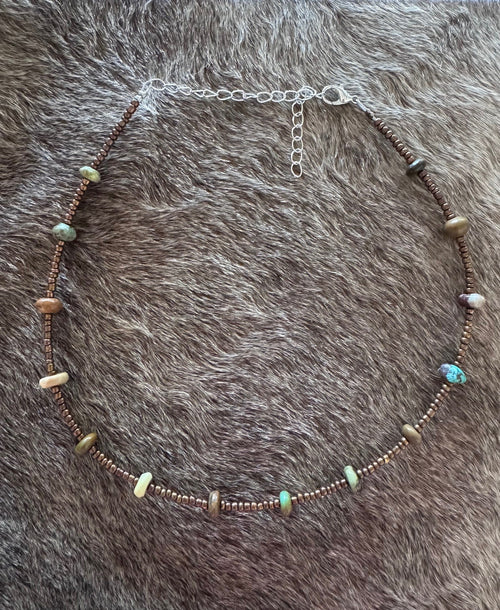 Handmade Green Turquoise & Copper Glass Seed 3mm Beaded Necklace 14"