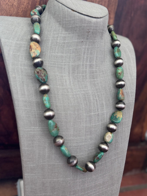 Handcrafted Sterling Silver & Royston Turquoise 14mm Beaded Necklace 25"