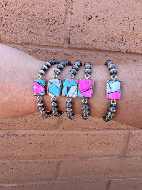 Handmade Sterling Silver Square Cotton Candy 6mm Beaded Stretch Bracelet with Signed Nizhoni
