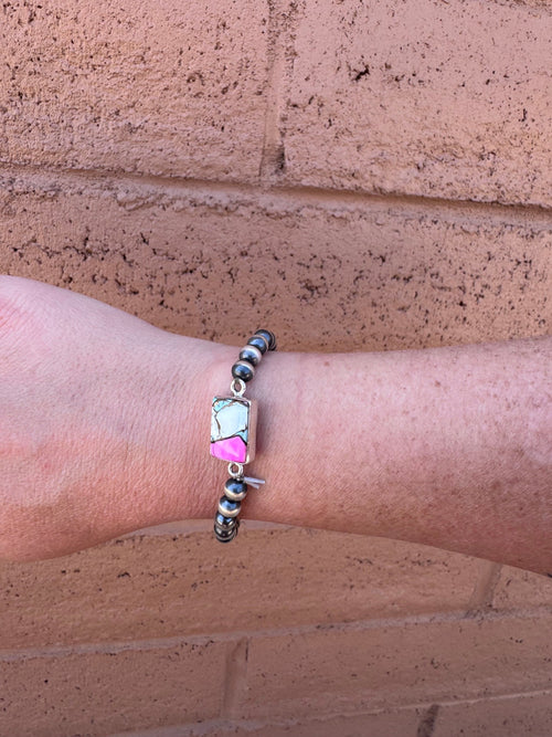Handmade Sterling Silver Square Cotton Candy 6mm Beaded Stretch Bracelet with Signed Nizhoni