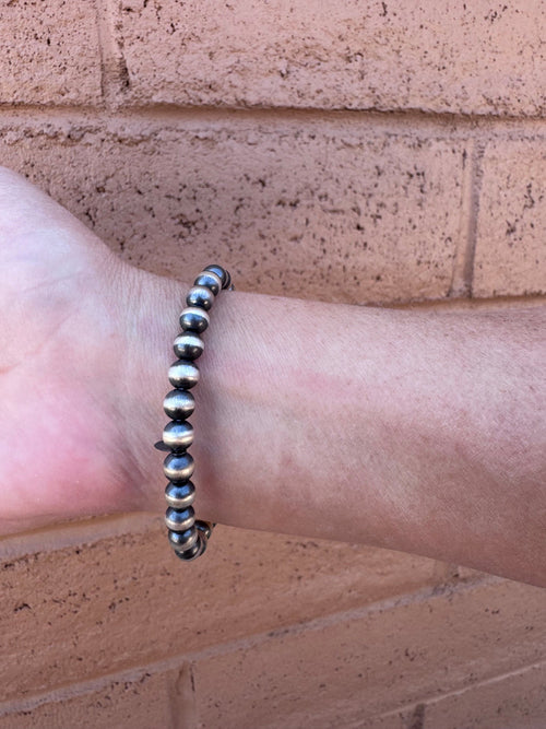 Handmade Sterling Silver Square Cotton Candy 6mm Beaded Stretch Bracelet with Signed Nizhoni