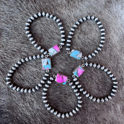 Handmade Sterling Silver Square Cotton Candy 6mm Beaded Stretch Bracelet with Signed Nizhoni