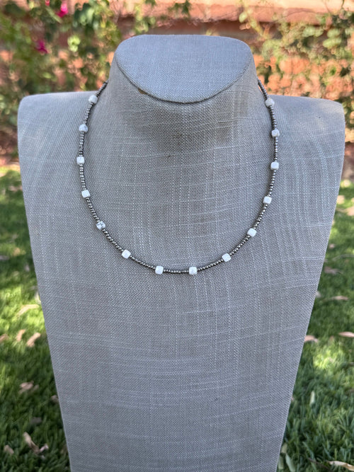 Handmade White Howlite & Silver Glass Seed 3mm Beaded Necklace 14"-18"