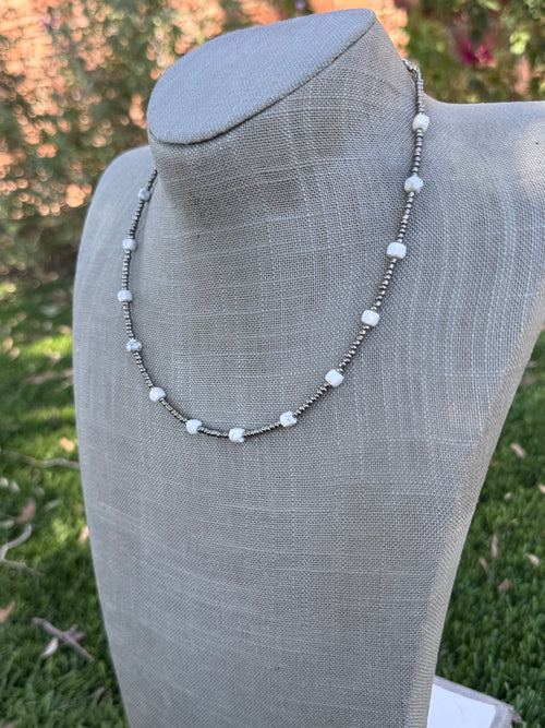 Handmade White Howlite & Silver Glass Seed 3mm Beaded Necklace 14"-18"