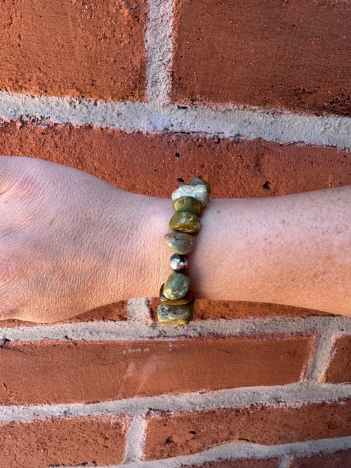 Handmade Green Turquoise Nugget & Sterling Silver Pearl Beaded Bracelet 7"
