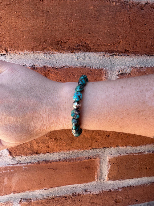 Handmade Chunky Blue Turquoise & Sterling Silver Pearl Beaded Bracelet 6.5"