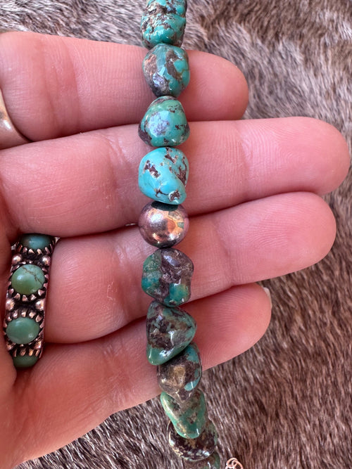 Handmade Chunky Blue Turquoise & Sterling Silver Pearl Beaded Bracelet 6.5"