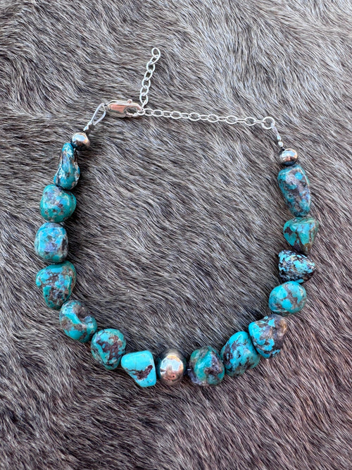 Handmade Chunky Blue Turquoise & Sterling Silver Pearl Beaded Bracelet 6.5"