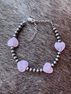 Handmade Rose Quartz Heart & Sterling Silver Pearl 4mm Beaded Bracelet 6.5"