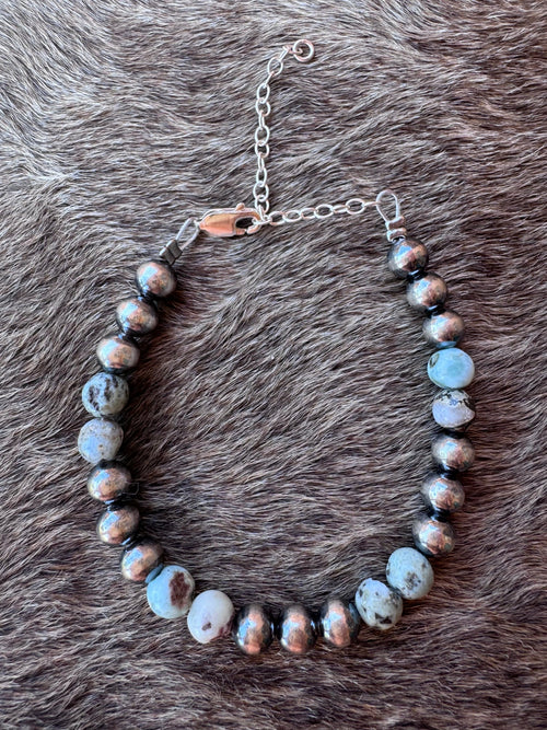 Handmade Larimar & Sterling Silver 6mm Beaded Bracelet 6"