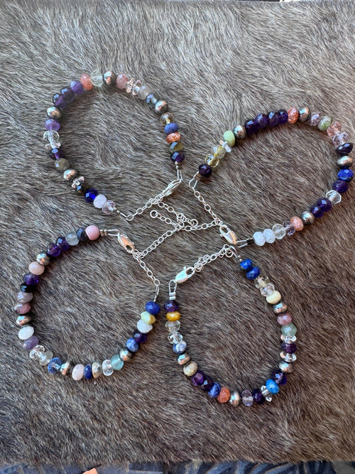Handmade Mixed Gemstone & Sterling Silver 6mm Beaded Bracelet 6"