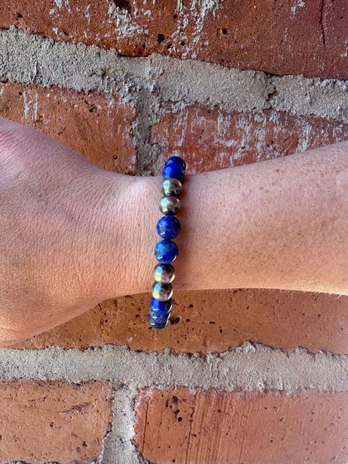 Handmade Lapis & Sterling Silver 8mm Beaded Bracelet 6.5"