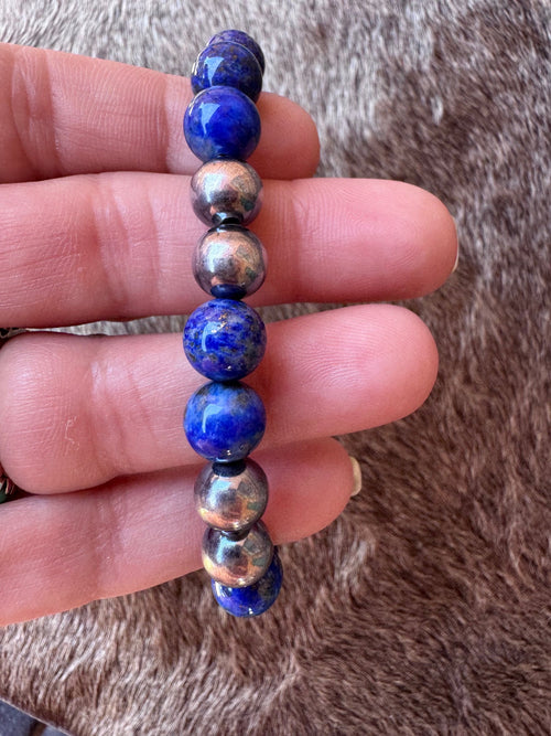 Handmade Lapis & Sterling Silver 8mm Beaded Bracelet 6.5"