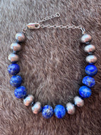 Handmade Lapis & Sterling Silver 8mm Beaded Bracelet 6.5"