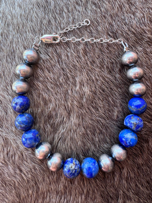 Handmade Lapis & Sterling Silver 8mm Beaded Bracelet 6.5"