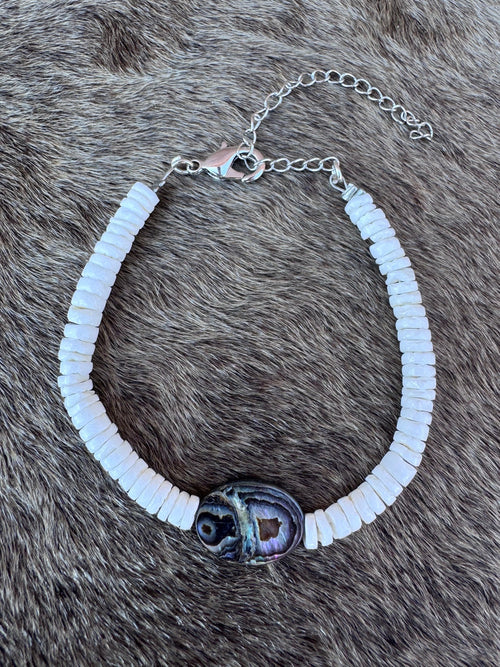 Handmade Abalone Shell & Silver Plated  Beaded Bracelet 7"