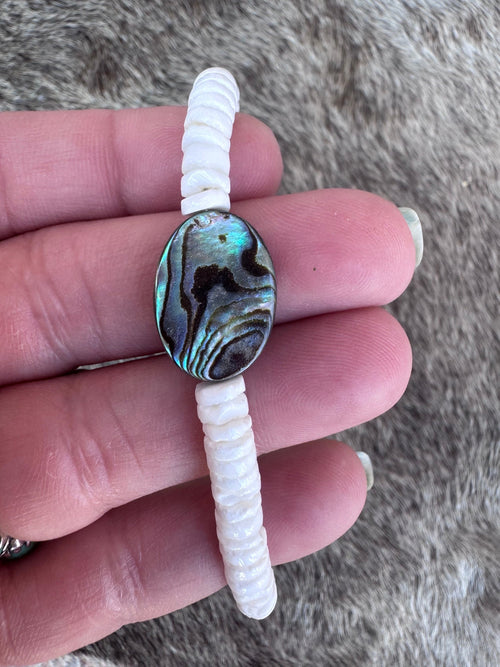 Handmade Abalone Shell & Silver Plated  Beaded Bracelet 7"