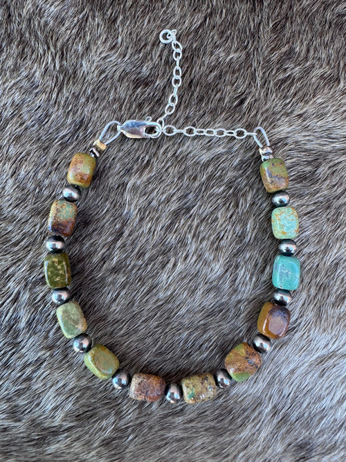 Handmade Polished Turquoise and Sterling Silver 4mm Beaded Bracelet 6"