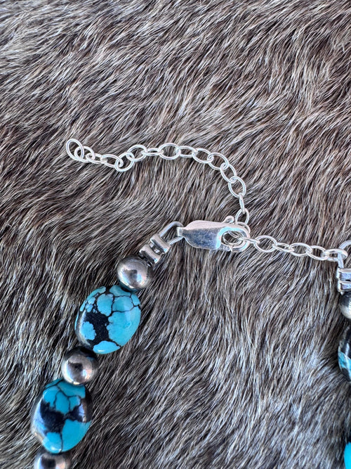 Handmade Turquoise and Sterling Silver 5mm Beaded Bracelet 6"