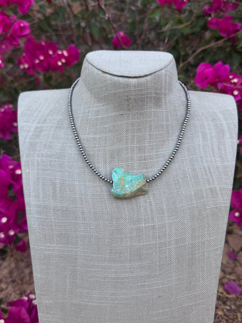 Handmade Sterling Silver & Flat Turquoise 3mm Beaded Necklace 16"