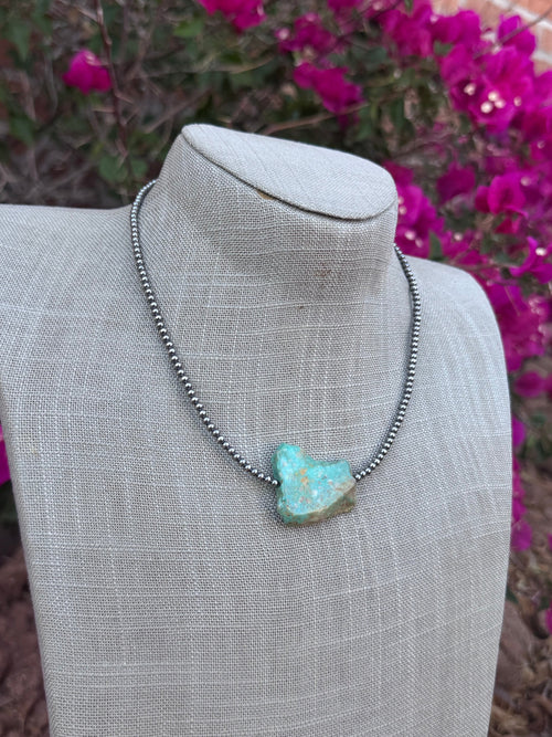 Handmade Sterling Silver & Flat Turquoise 3mm Beaded Necklace 16"