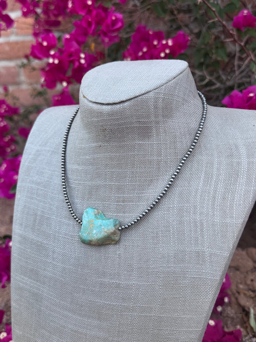 Handmade Sterling Silver & Flat Turquoise 3mm Beaded Necklace 16"