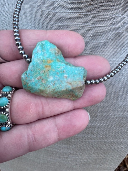 Handmade Sterling Silver & Flat Turquoise 3mm Beaded Necklace 16"
