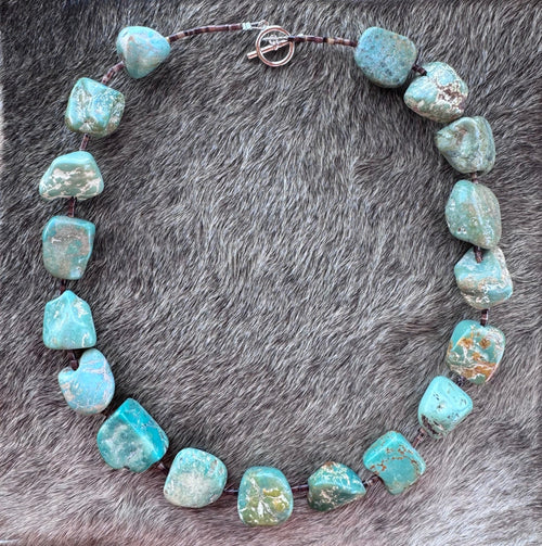 Handmade Green Turquoise Nugget & Brown Shell Beaded Necklace 20"