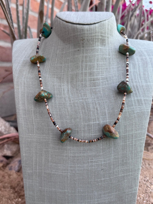 Handmade Nugget Natural Turquoise & Dark Shell Beaded Necklace 22"