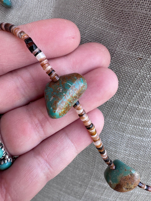 Handmade Nugget Natural Turquoise & Dark Shell Beaded Necklace 22"