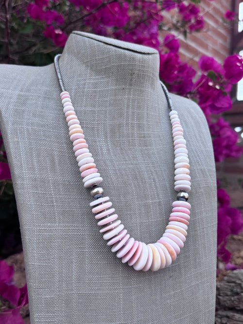 Handmade Graduated Pink Conch & Sterling Silver Beaded Statement Necklace 22"