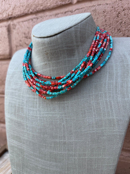 Handcrafted Turquoise & Spiny Oyster 16” Beaded Necklace