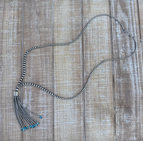 Handcrafted Sterling Silver & Kingman Turquoise Tassel 3-8mm Beaded Necklace 33"