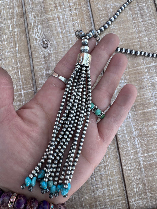 Handcrafted Sterling Silver & Kingman Turquoise Tassel 3-8mm Beaded Necklace 33"