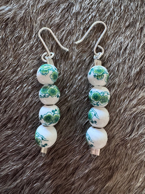 Handmade Sterling Silver Green Floral Beaded Wire Dangle Earrings by Roaming Buffalo