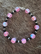 Handmade Sterling Silver & Pink Bead, Black Onyx, and Pearl Beaded 8" Bracelet by Roaming Buffalo