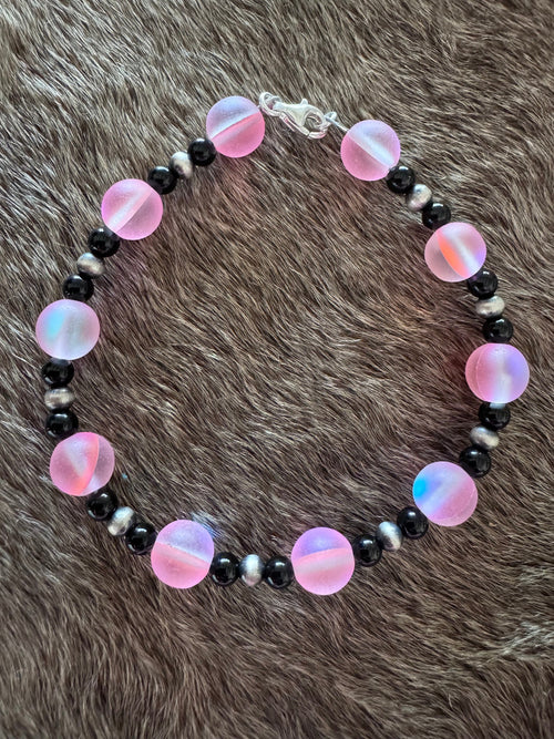 Handmade Sterling Silver & Pink Bead, Black Onyx, and Pearl Beaded 8" Bracelet by Roaming Buffalo