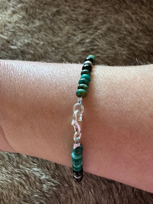 Handmade Sterling Silver & Hubei Turquoise, Black Onyx, and Pearl Beaded 8" Bracelet by Roaming Buffalo