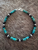 Handmade Sterling Silver & Hubei Turquoise, Black Onyx, and Pearl Beaded 8" Bracelet by Roaming Buffalo