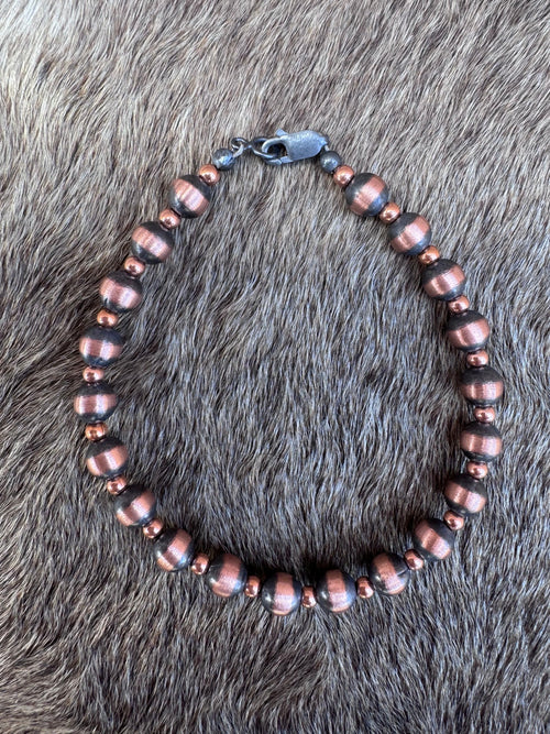 Handcrafted Patterned Copper 3&6mm Beaded Bracelet 7.5"