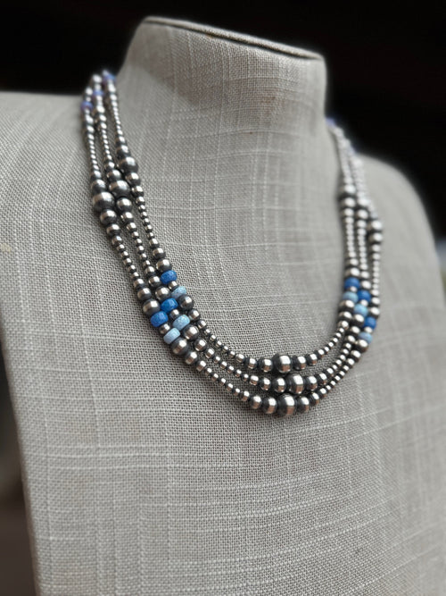 Handcrafted Blue Opal & Sterling Silver Beaded 3-6mm Necklace 20"