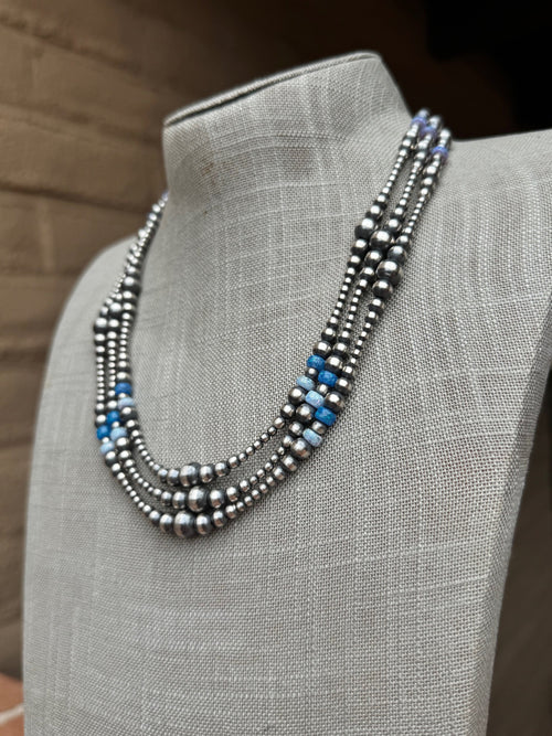 Handcrafted Blue Opal & Sterling Silver Beaded 3-6mm Necklace 20"