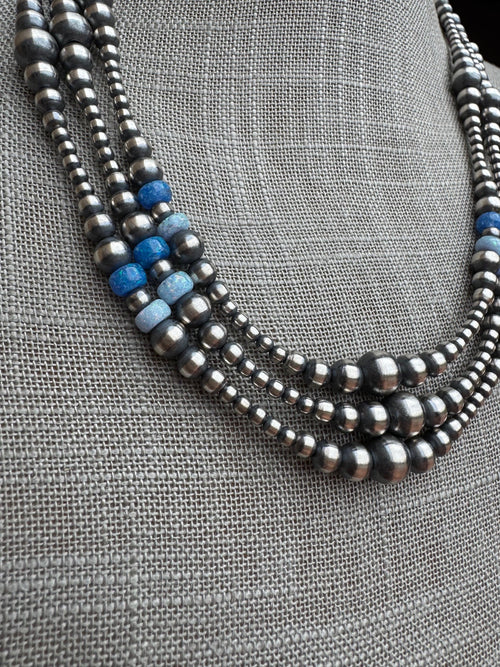 Handcrafted Blue Opal & Sterling Silver Beaded 3-6mm Necklace 20"