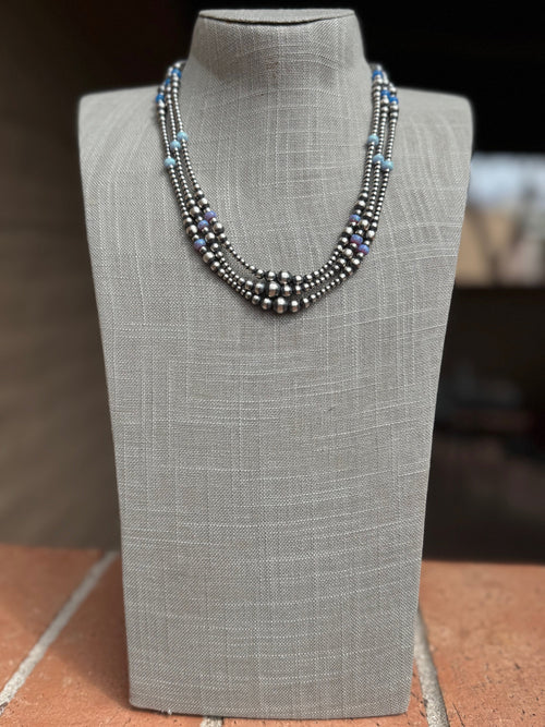 Handcrafted Blue Opal & Sterling Silver Beaded 3-6mm Necklace 20"