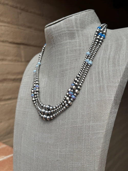 Handcrafted Blue Opal & Sterling Silver Beaded 3-6mm Necklace 20"