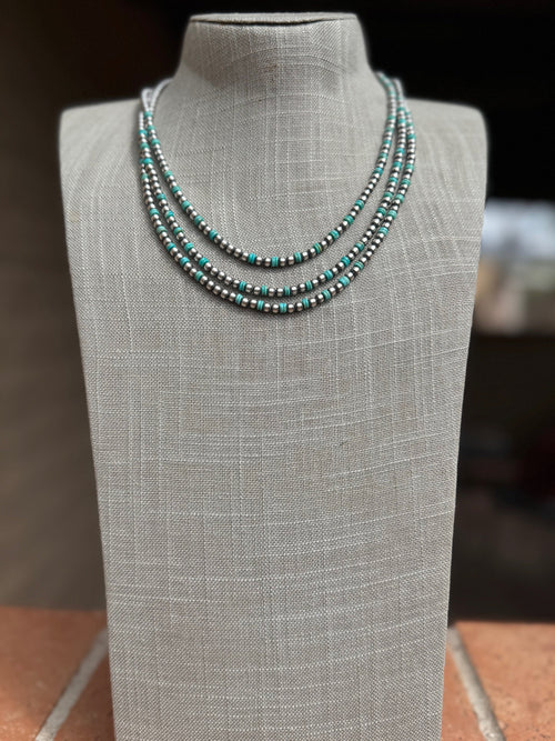 Handcrafted Kingman Turquoise & Sterling Silver 4mm Beaded Necklace 20"